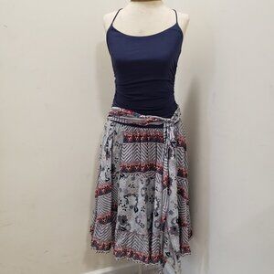 BCBG boho style navy bodice dress w/ spaghetti straps and ruched waist line